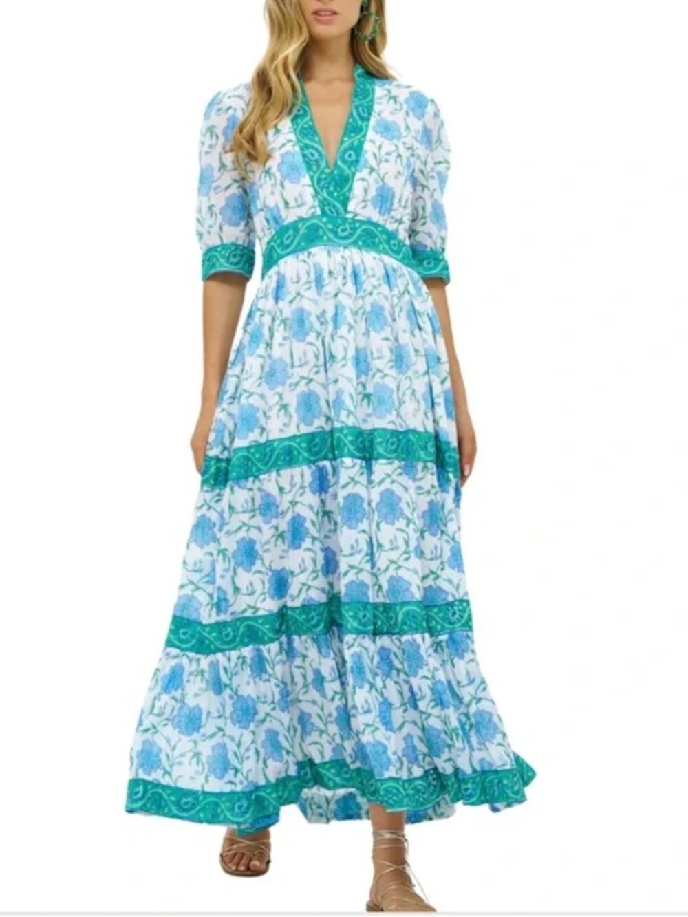 Oliphant V-Neck Cuffed Maxi Poppy Blue Maxi Dress Size XXS Cotton Made in India